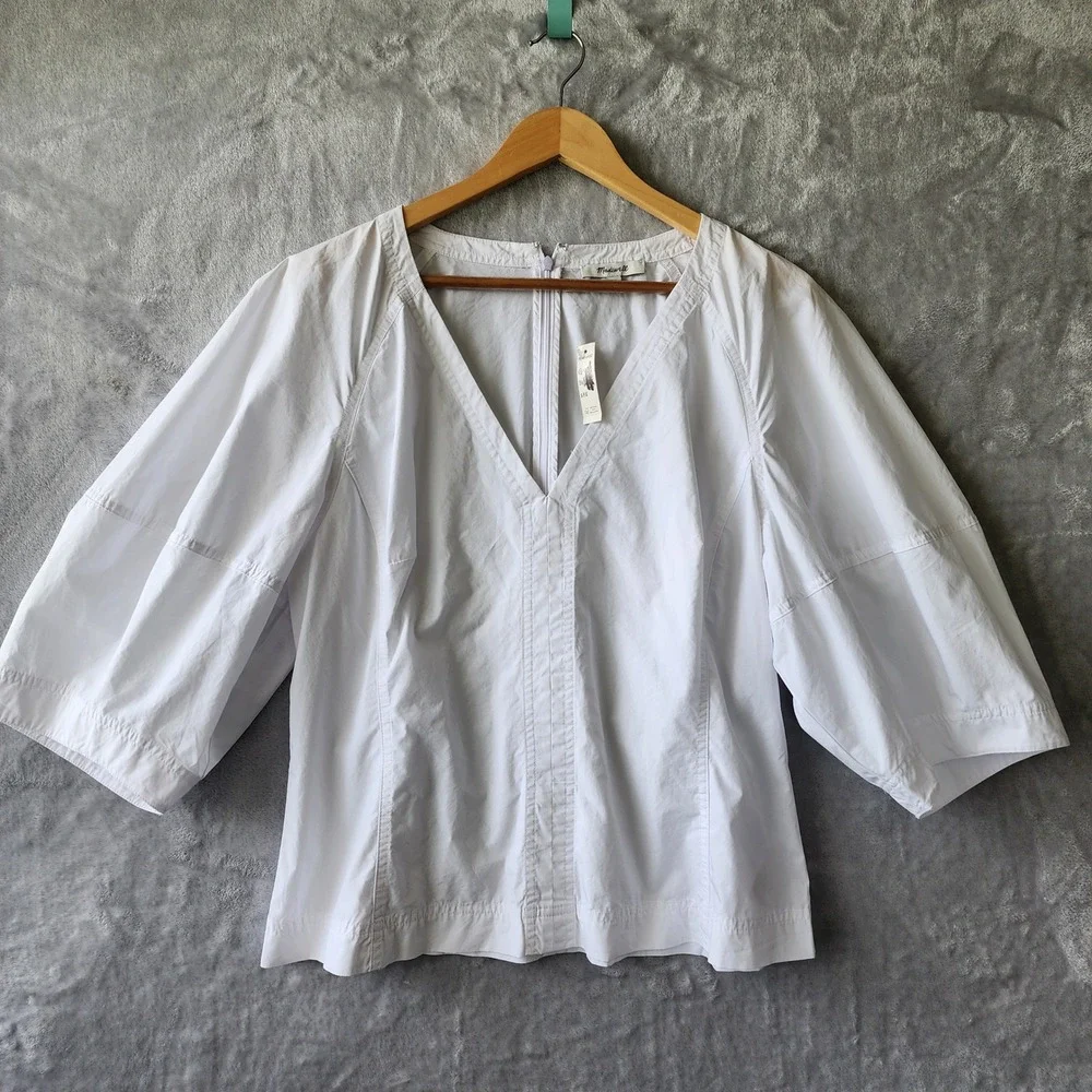 Madewell Top Womens Size 14 White Cotton Poplin Puff Sleeve Sculptural Shirt NWT